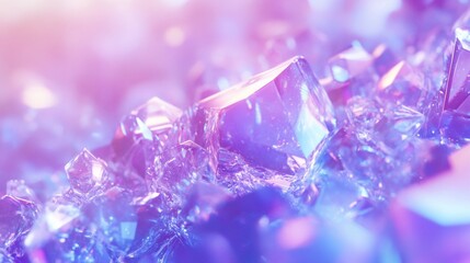 Sparkling crystals glowing, close-up, pink-blue background, bokeh, luxury texture