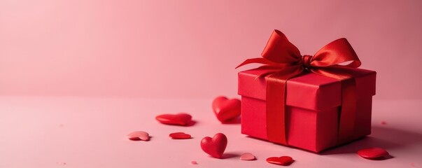 Elegant red gift boxes tied with hearts, anniversary theme, background, love