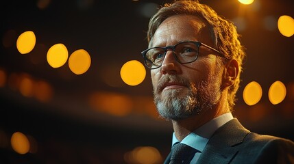 Serious businessman looks ahead with bokeh lights highlighting his presence and focus