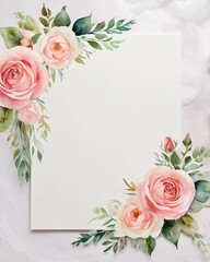 A blank wedding invitation adorned with a watercolor floral frame