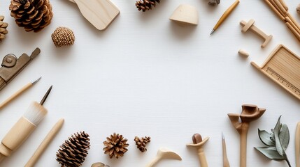 Wooden craft tools arranged on white background,  empty center for text, nature elements