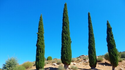 A tall Mediterranean cypress tree with dense green foliage, a slender trunk, and a sharp silhouette against a sunlit, rocky landscape, exuding peace and solitude.