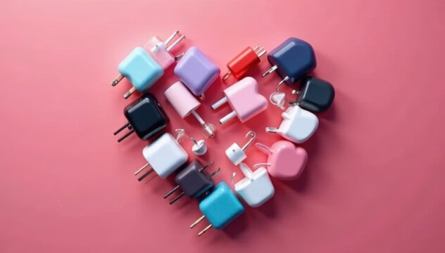 Heart shaped arrangement of various phone chargers , device, graphic