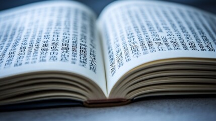 Fototapeta premium Open book, pages, text, reading, close-up, study, knowledge, indoors, blurred background, education