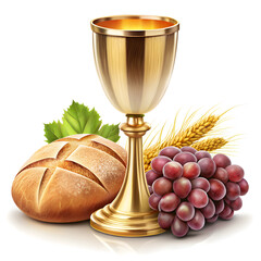 gold cup and grapes with leaves on white