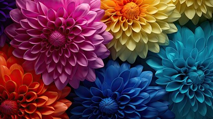 A vibrant arrangement of large, colorful flowers showcasing intricate petal designs.