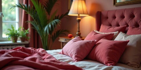 Deep cushions, soft textures, inviting atmosphere, warm glow , bookshelf, design