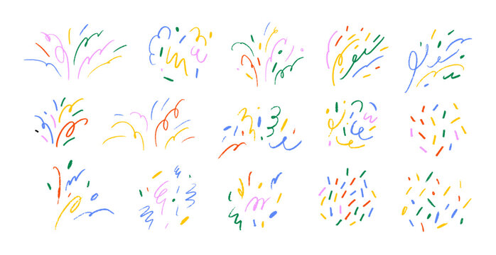 Colorful crayon drawn doodle decorative confetti. Sketch burst with squiggles, dots, pencil drawn abstract twirls. Vector frame crackers, tinsel, confetti elements. Birthday or carnival motif.