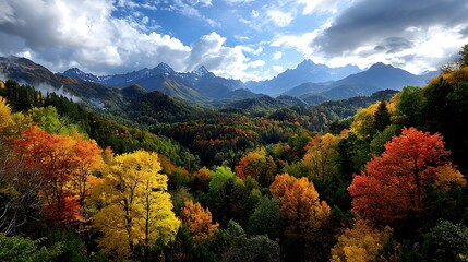 Obraz premium Autumnal mountain vista; colorful foliage, scenic valley, dramatic cloudscape, idyllic landscape; perfect for travel, nature posters