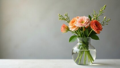 Naklejka premium Glass vase with a few stems of fresh flowers and foliage, decoration, branches, single stem