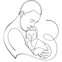 Father carrying baby, parent and baby line art style vector illustration