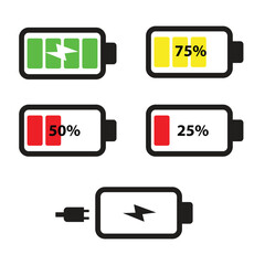 Battery charging. Icon with reflection on white background