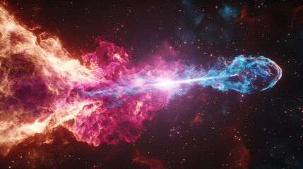 A white, glowing giant comet tail in space, the head of which is an abstract blue, purple, and pink energy swirl with smoke and sparks, against a space background. 
