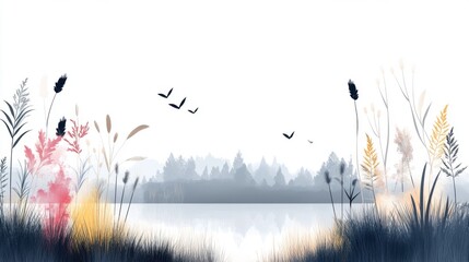 Obraz premium Serene Landscape with Soft Colors and Gentle Flora Reflecting in Calm Water Under a Peaceful Sky with Silhouetted Birds Flying in the Background