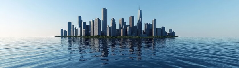 Fototapeta premium Modern city skyline on island, ocean view, calm waters, sunrise. Ideal for real estate, travel