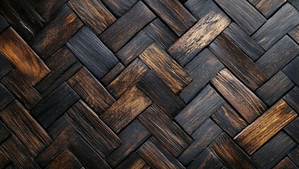 Dark brown wood woven herringbone pattern texture.