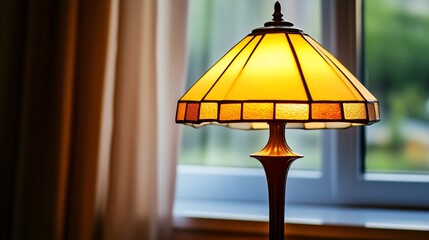 Illuminated Tiffany-style lamp near window, home interior, soft light