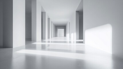 Sunlit minimalist white hallway, architecture, interior design, perspective, background, modern
