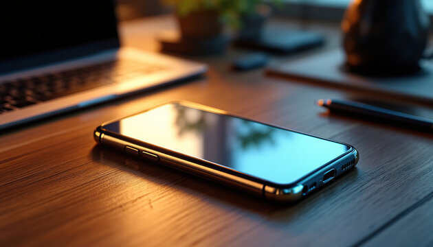 Smartphone rests on wooden desk near laptop and pen