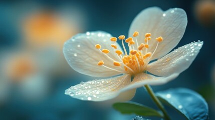 Fototapeta premium Dew-Kissed Blossom: A Macro Photography of a Pristine White Flower