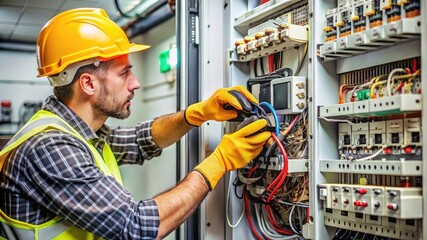 Worker testing an electrical panel with wires and circuit breakers. Highlights safety and precision in electrical maintenance tasks.