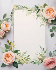 Blank wedding invitation surrounded by watercolor flowers.