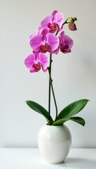 Single long-stemmed orchid in a vase on white surface, decorative, greenery, long