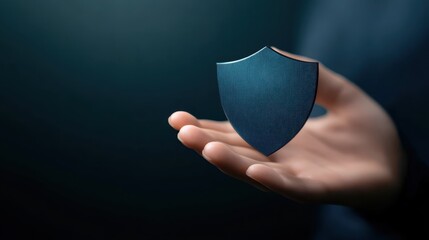 A hand holds vibrant blue shield, protection, security and safeguarding