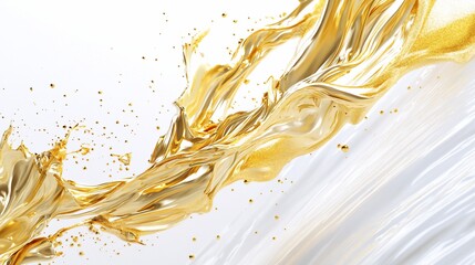 Fototapeta premium Golden liquid splash, flowing, white background, luxury ad