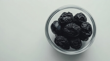 Dried black olives in a glass bowl on a white background, top view. Raisins for confectionery and baking. A minimalistic concept of natural products for health or weight loss. 