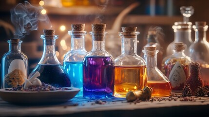 Steaming potions, alchemist's workshop, mystical background, fantasy recipe