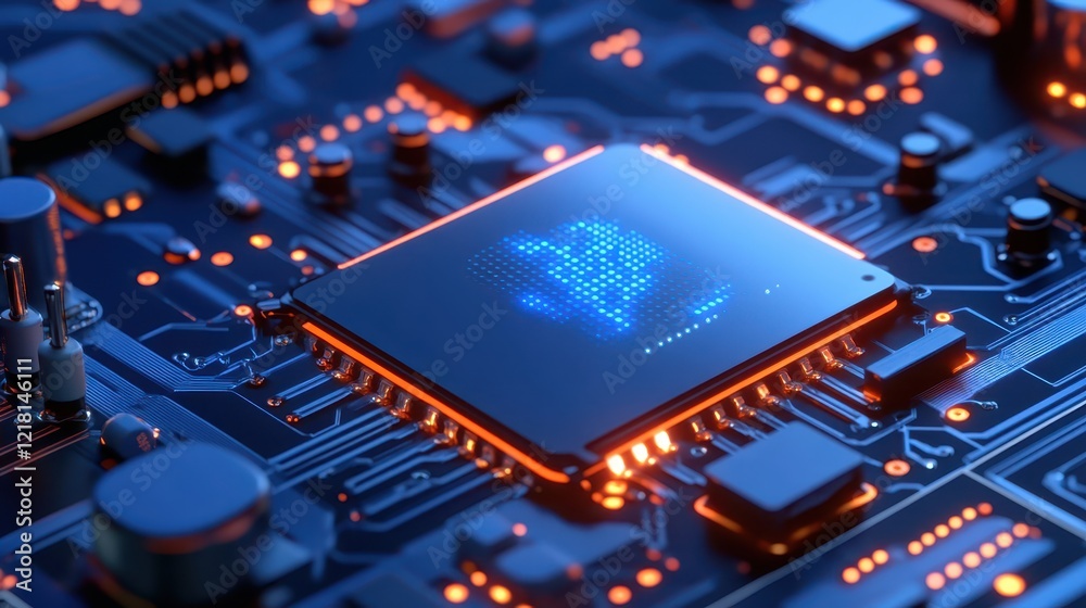 Poster detailed view of cpu chip resting on computer motherboard, showcasing intricate circuitry and electr