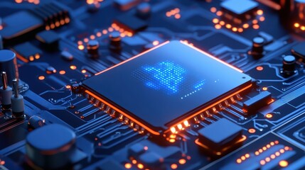 Detailed view of cpu chip resting on computer motherboard, showcasing intricate circuitry and electronic components.