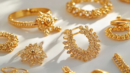 Fototapeta premium Golden rings & jewelry display, sunlight, white background, online store