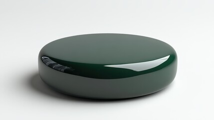 A smooth, dark green circular object with a glossy finish.