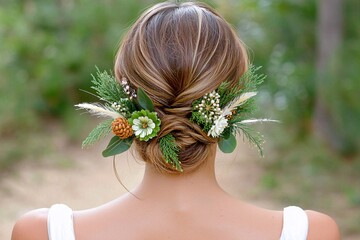 Naklejka premium Bohemian, boho ,lifestyle, concept. Elegant updo hairstyle adorned with greenery and flowers, perfect for weddings or special occasions.
