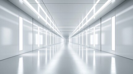 Obraz premium Futuristic white corridor; glowing lights; reflective floor; sterile background; tech presentation