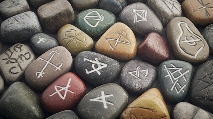 Naklejka premium Engraved rune stones, mystical symbols, close-up, tabletop, background blur, occult design