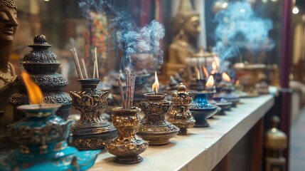 Fototapeta premium Temple incense burning, Asian artifacts, spiritual setting, prayer