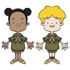 A Couple Student cartoon characters wearing boy scout uniform and get ready for little adventures. Best for sticker, logo, and mascot with outdoor activity themes for kids