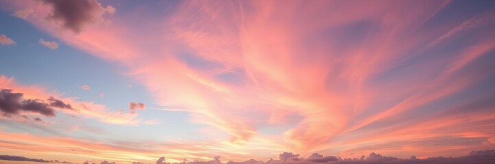 Obraz premium Soft pastel pink and blue hues paint the sky as the sun sets, casting a dreamy and tranquil effect on the fluffy clouds, sunset, pink
