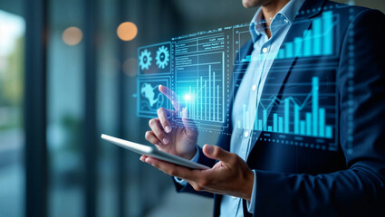 Man in Suit Using Tablet with Data Overlay, ERP Innovation, and Futuristic Global Network Analytics
