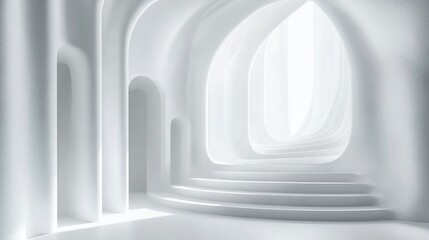 White futuristic hallway, steps, arches, light, interior design, background, architecture, 3d render, website banner