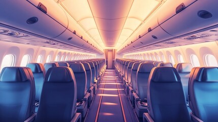 Naklejka premium Empty airplane cabin sunset interior travel journey