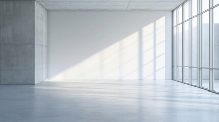Fototapeta premium Sunlit empty modern concrete room, large window, minimalist design, ideal for display