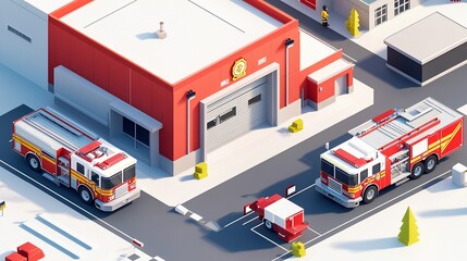 Fototapeta premium Firetrucks at station, city street, low-poly style, winter scene, emergency response illustration