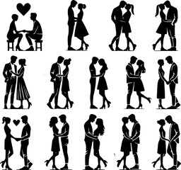 A collection of black silhouette illustrations of couples in various loving poses.