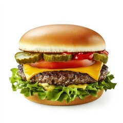 A classic cheeseburger with lettuce, tomato, and pickles