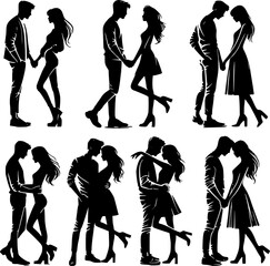 Obraz premium A collection of black silhouette illustrations of couples in various loving poses.
