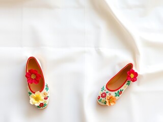 Korean traditional flower shoes made of colorful silk fabric with intricate embroidery on a white background, culture, Korean, fabric